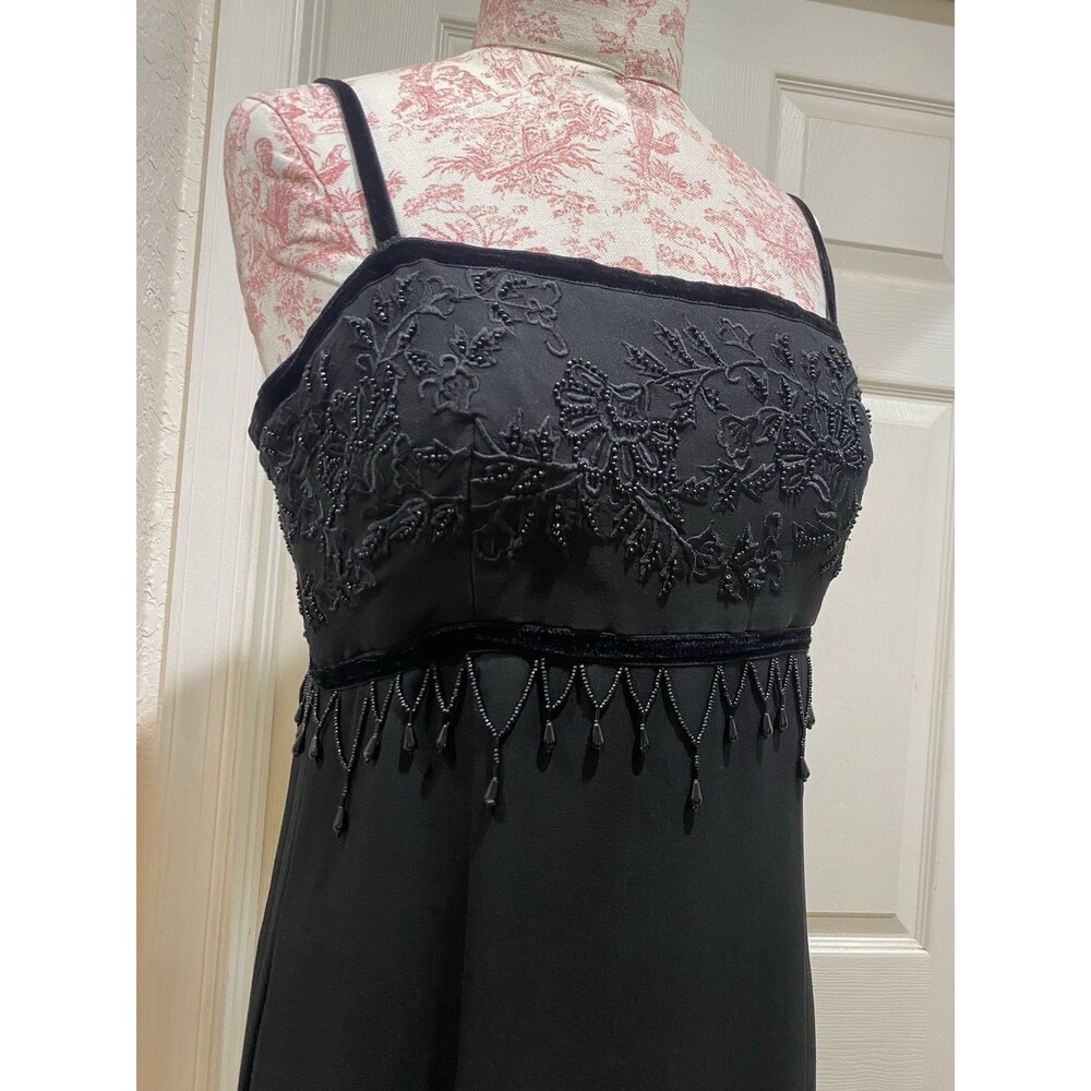 VTG Y2K Embellished 100% Silk Mini Dress Babydoll Sz M Black Floral Cocktail 90s